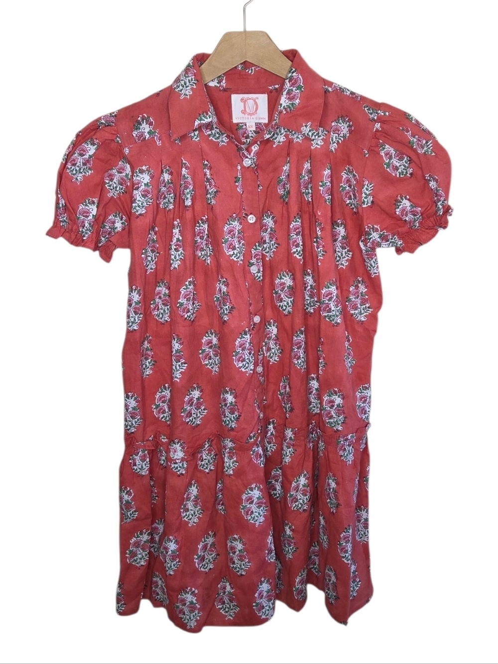 Victoria Dunn Rust Block Print Floral Short Sleeve Mini Swing Dress Size XS Boho